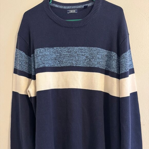 IZOD Men’s Sweater Pullover XL Navy Blue Striped Crewneck Casual Knit - Picture 1 of 3